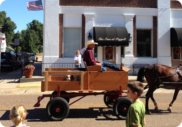 A man wearing a cowboy hat drives a horse-drawn wooden wagon with a dog inside along a street, while children watch. The background features a white building with an American flag and a sign reading "The Inn at Riggel.
