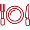 Red outline icon of a plate with a fork on the left and a knife on the right, symbolizing dining or a meal, on a light background.