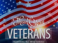 An American flag waves in the background with the words "Thank you VETERANS" and "Honoring All Who Served" written in front.